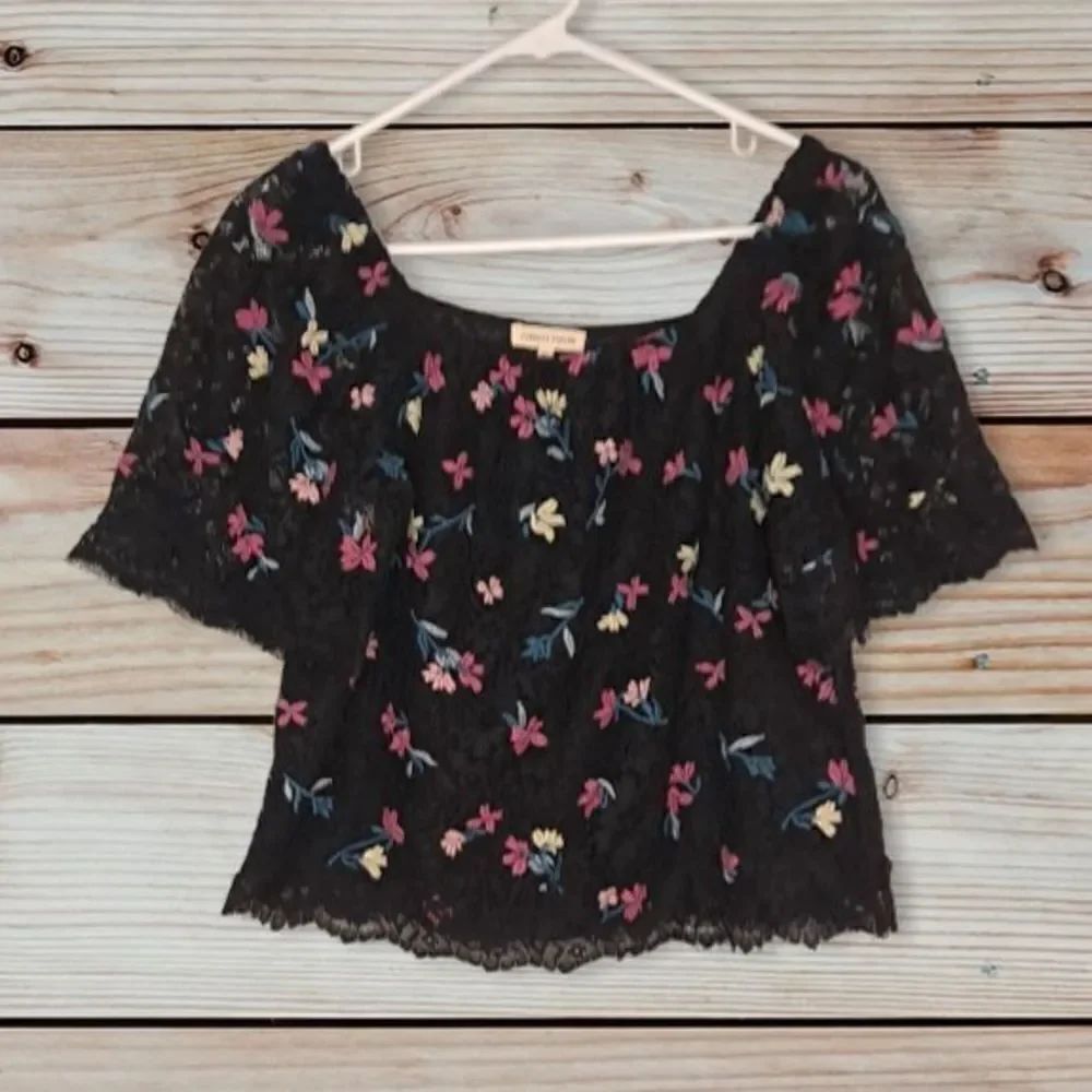 Rebecca Taylor Layla Floral Embroidered Top Black Pink 2